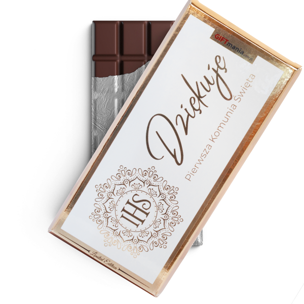 Czekolada mleczna w złotym opakowaniu z napisem "Dziękuję"