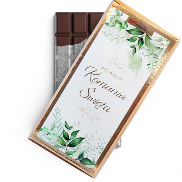 Czekolada mleczna w złotym opakowaniu z napisem "Pierwsza Komunia Święta"