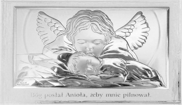 Obrazek Aniołek nad dzieckiem na białym drewnie z podpiskiem