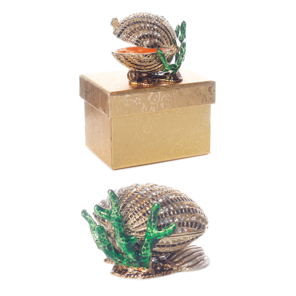 Puzderko metalowe z kryształkami MUSZELKA na stojaku. 6x5.5x4 cm