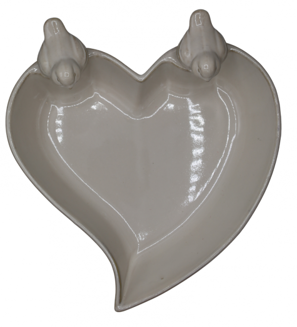 POIDEŁKO CERAMICZNE SERCE Z PTAKAMI BIAŁE 31,5x30,5x13 cm