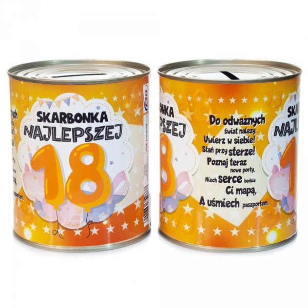 Skarbonka metalowa urodzinowa z napisem &quot;Skarbonka Najlepszej 18&quot;