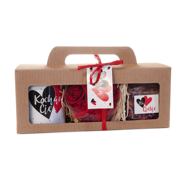 Zestaw WALENTYNKOWY - Kubek  "KOCHAM CIĘ"  , sól himalajska z płatkami róży, mydełko różyczki