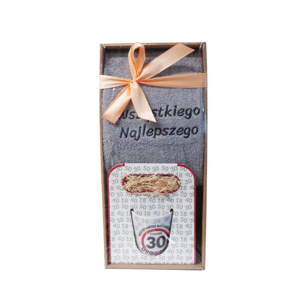 Zestaw upominkowy na 30 URODZINY szary ręcznik i kubek znaki w ozdobnym opakowaniu. 18.5x9.5x41 cm