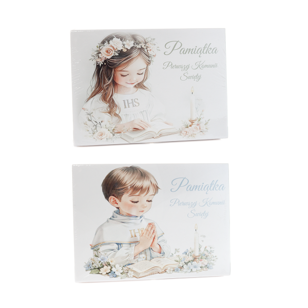 Herbaciarka drewniana "Pamiątka Pierwszej Komunii Świętej" - mix wzorów rozmiar 22,5x8x16 cm