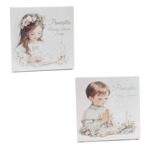 Pudełko drewniane CD "Pamiątka Pierwszej Komunii Świętej" - mix wzorów rozmiar 14,5x2x14,5 cm