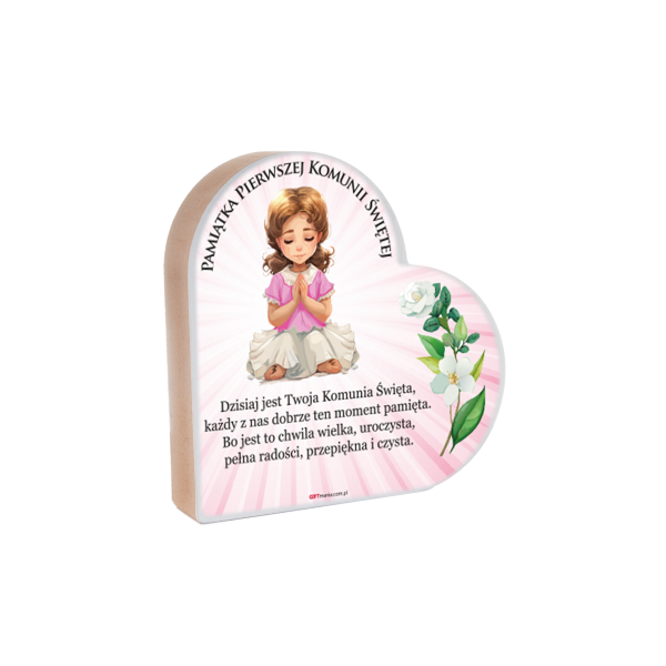 Drewniana tabliczka serce z podstawką wzbogacona lakierem UV z napisem &quot;Pamiątka I Komunii Świętej&quot;. 12x12x2.5 cm
