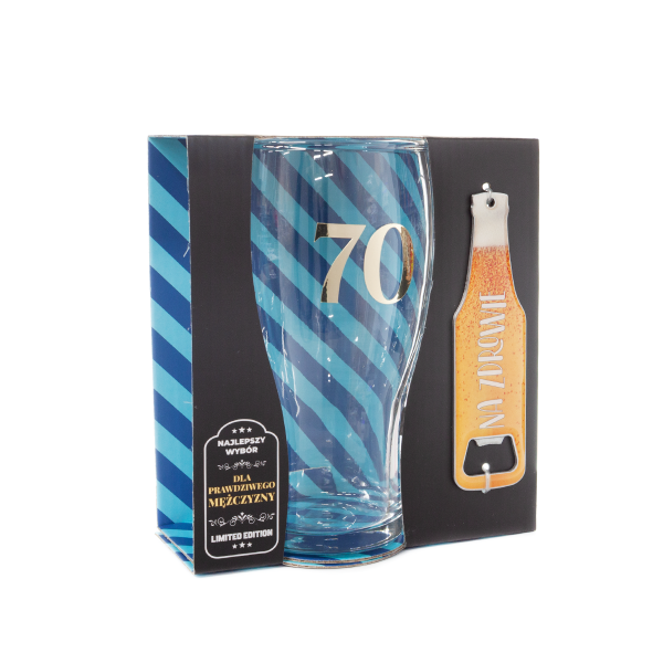 Zestaw 2w1 szklanka do piwa ze złotą cyfrą &quot;70&quot;  z otwieraczem do butelek &quot;Na zdrowie &quot; w ozdobnym opakowaniu prezentowym . 500 ml