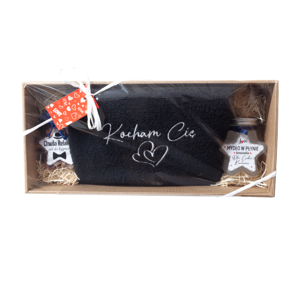 Zestaw prezentowy KOCHAM CIĘ : Ręcznik, sól, mydło