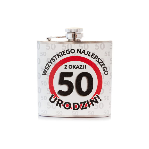 Piersiówka ze stali nierdzewnej &quot;Wszystkiego Najlepszego z Okazji 50 Urodzin&quot;