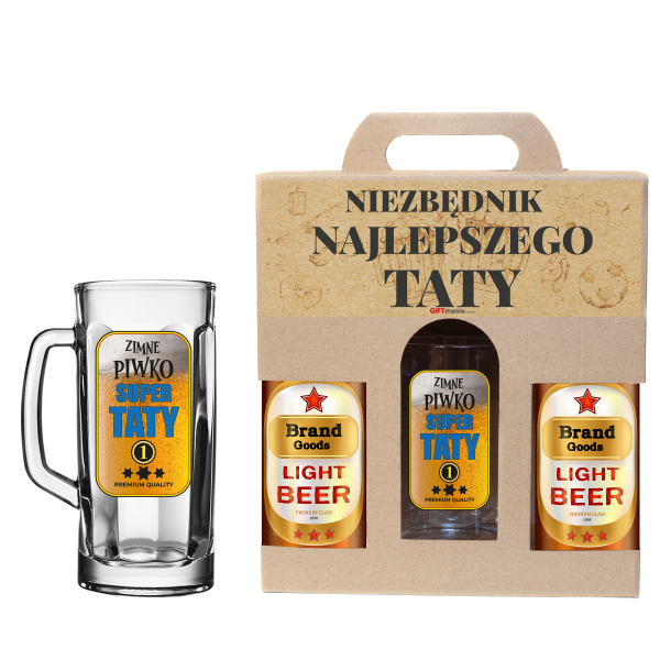 Zestaw prezentowy NIEZBĘDNIK  TATY.Dedykowany kufel do piwa 0,5 L z nosidłem na 2 butelki   "Zimne piwko Super Taty"