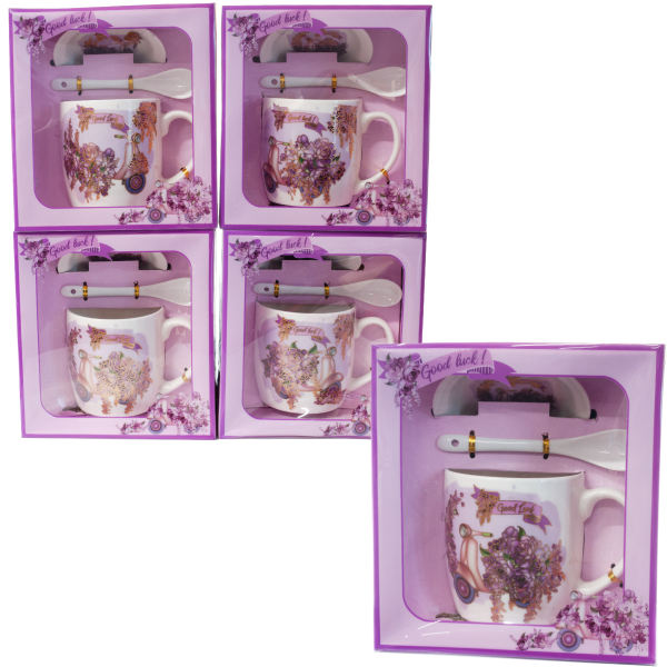 Kubek ceramiczny z łyżeczką i spodkiem w ozdobnym opakowaniu . GOOD LUCK .Mix wzorów. 300 ml