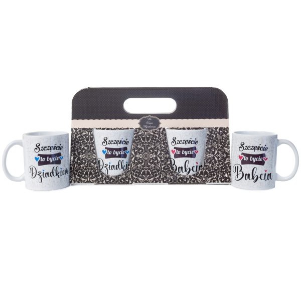 Komplet dwóch kubków w ozdobnym opakowaniu "Szczęście to bycie Babcią" "Szczęście to bycie Dziadkiem".