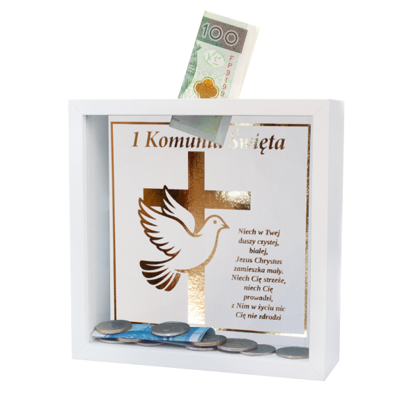 Pozłacana skarbonka MDF "I Komunia Święta"