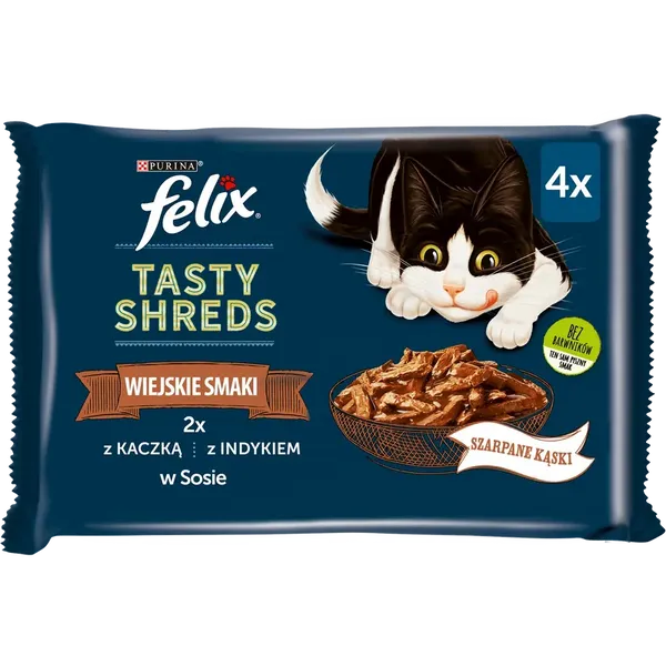 Felix Tasty Shreds Mokra Karma Dla Kota Z Kaczką I Indykiem W Sosie 4x80g